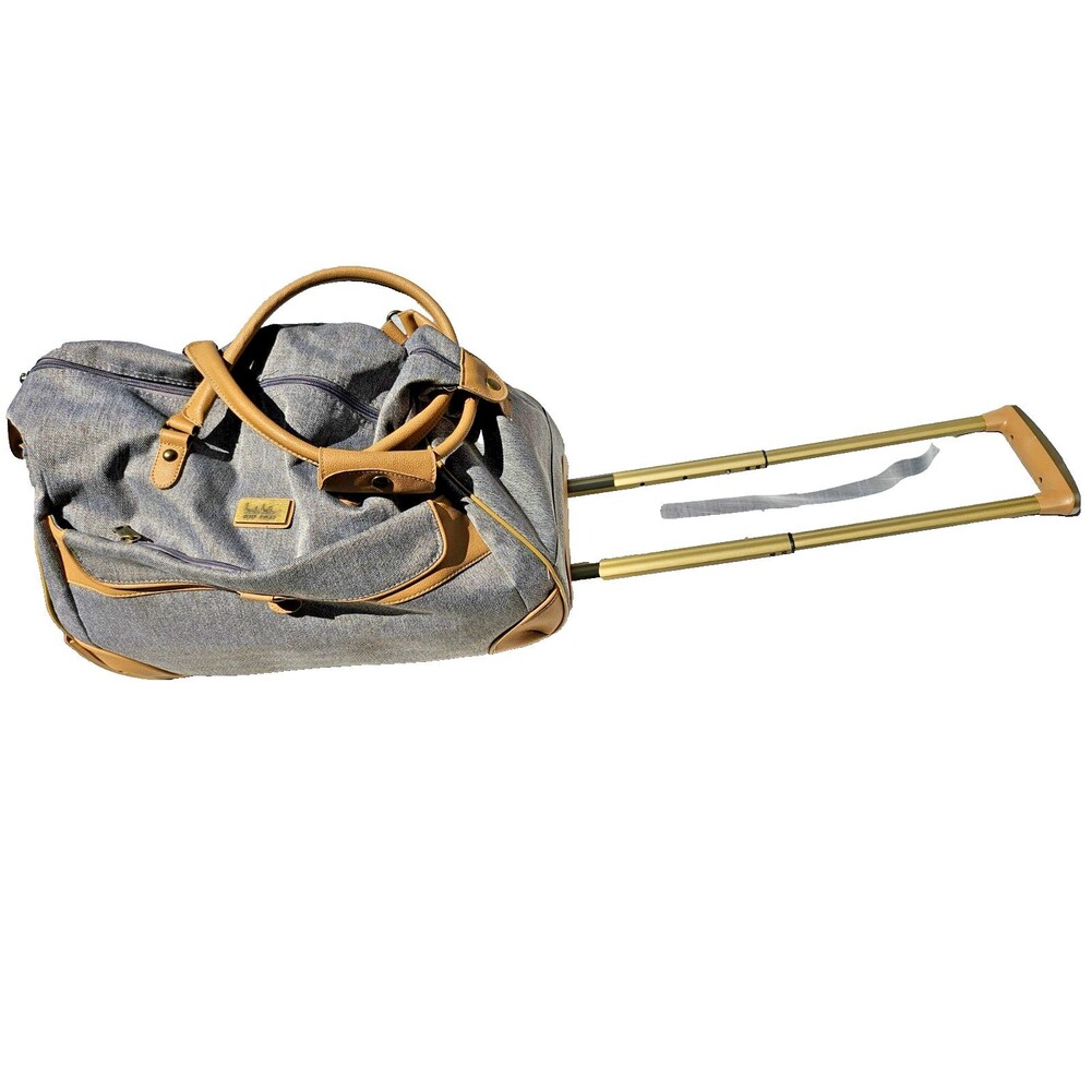 Nicole Miller NY Weekender Lightweight Rolling Luggage Bag Gray & Tan Leather